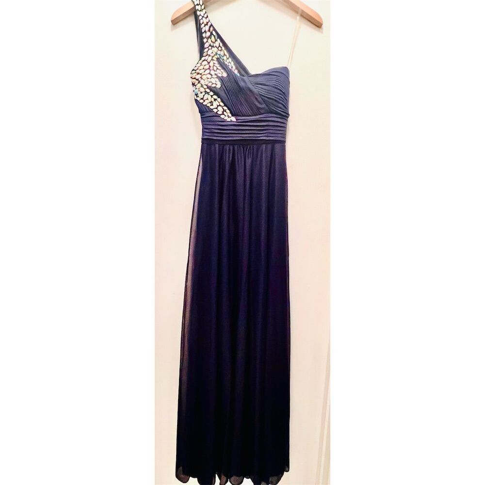 Blue One-Shoulder Gown Size 5 Crystal Embellished Formal Dress